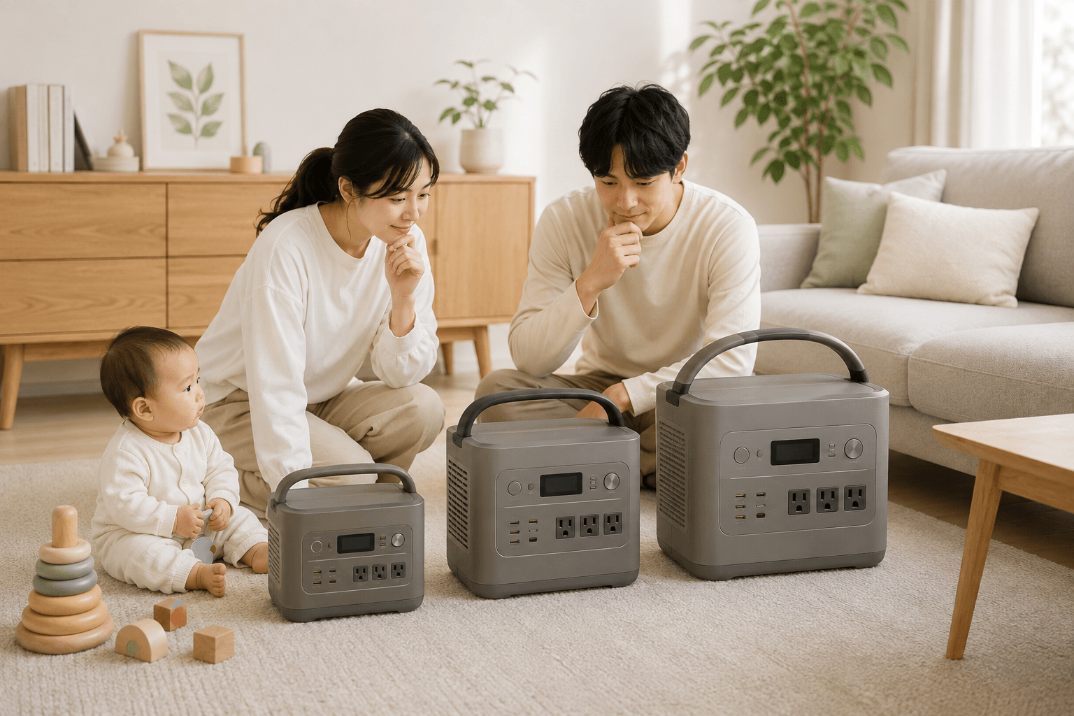大きさの違う3台のJackeryポータブル電源を、赤ちゃんがいる家庭の夫婦が見比べているイメージ
