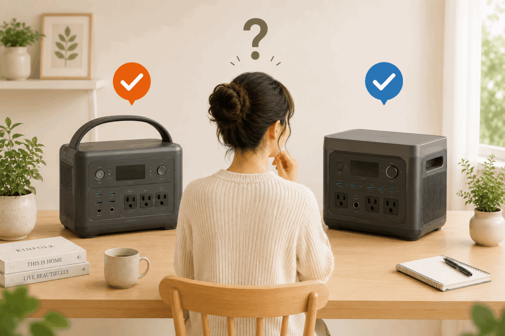 JackeryとAnkerのポータブル電源を前にどちらを選ぶか迷っている女性の比較イメージ