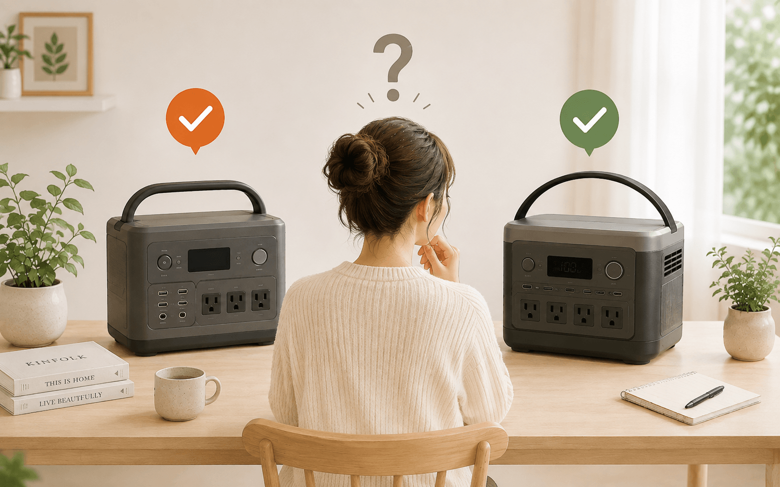 JackeryとEcoFlowのポータブル電源を前にどちらを選ぶか迷っている女性の比較イメージ