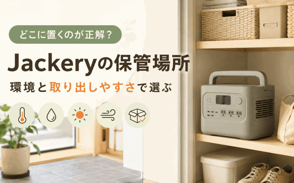 Jackeryポータブル電源の保管場所をイメージした、玄関収納の棚にポータブル電源を置いている画像