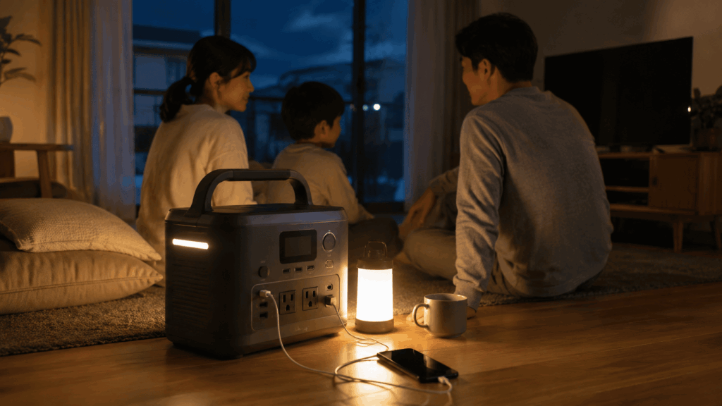 防災用ポータブル電源は何Wh必要かを解説する記事のイメージ画像（停電時にJackeryポータブル電源で照明とスマホを使う様子）
