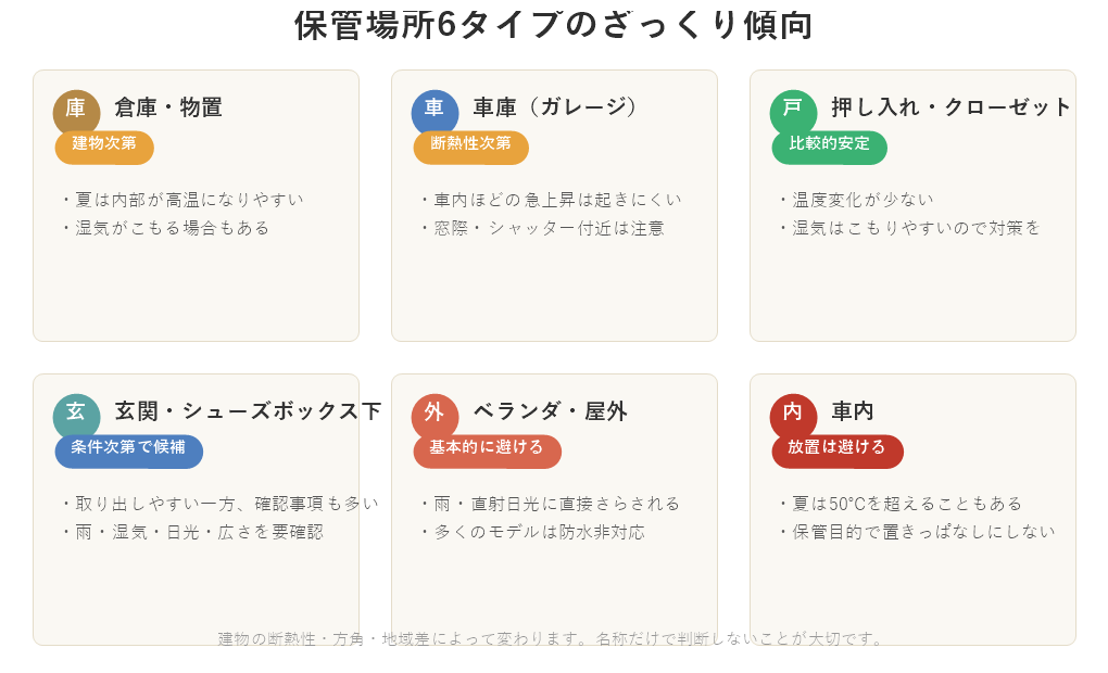 倉庫・物置、車庫、押し入れ・クローゼット、玄関・シューズボックス下、ベランダ・屋外、車内の6タイプの保管場所ごとの注意点を示す図