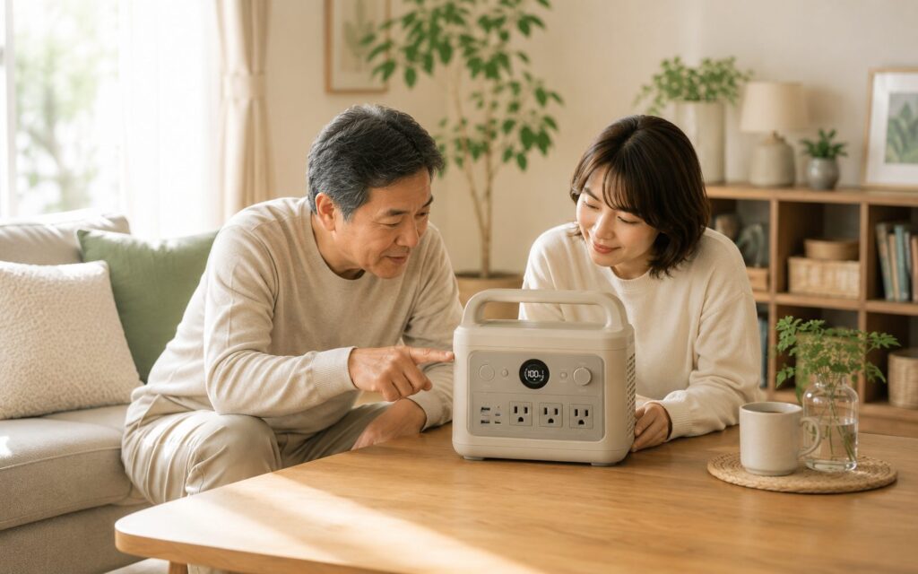 離れて暮らす親の防災用にJackeryのポータブル電源を親子で確認している様子