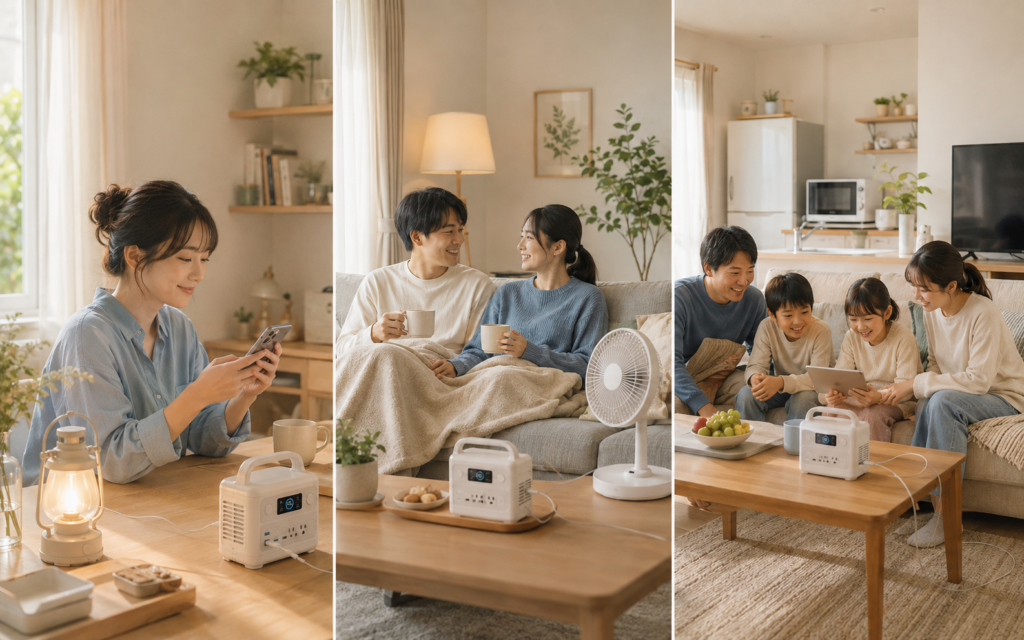 一人暮らし・夫婦・5人家族それぞれの暮らしに合うポータブル電源の容量をイメージした画像