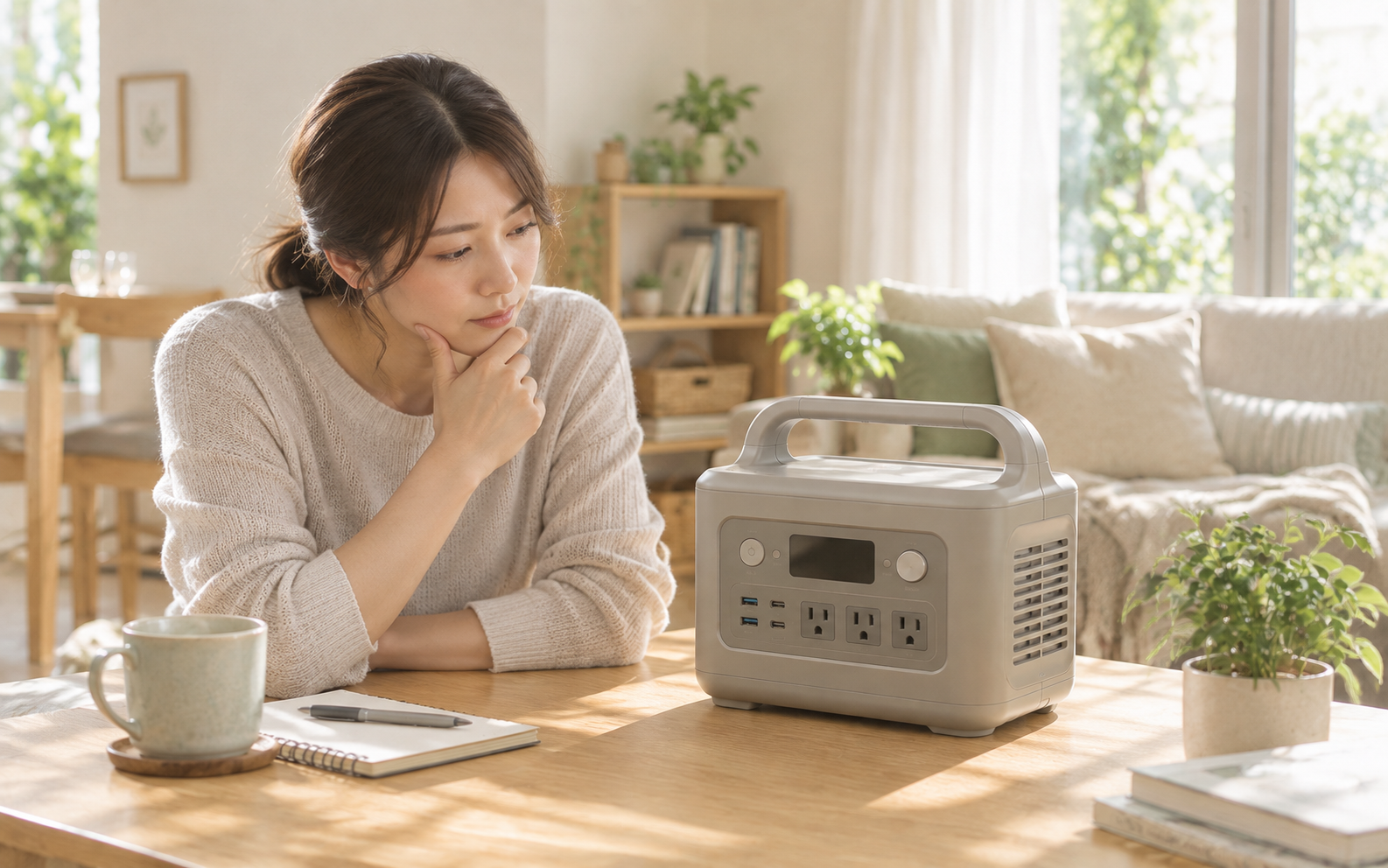 リビングでポータブル電源の購入を検討している様子