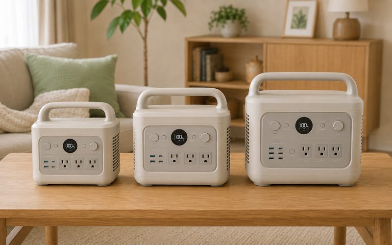 容量の異なるポータブル電源を3台並べてサイズを比較している様子