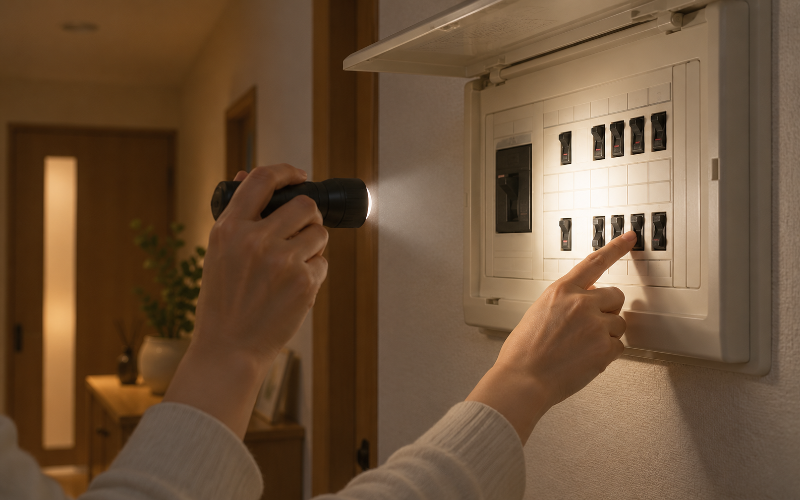 停電時にブレーカーを懐中電灯で確認している様子